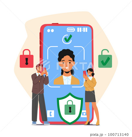 Tiny Characters Stand Near Huge Phone Screen With Personal Data Displayed. Concept Of Data Security Vector Illustration Tiny Characters Stand Near Huge Phone Screen With Personal Data Displayed. Concept Of Data Security Vector Illustration 100713140
