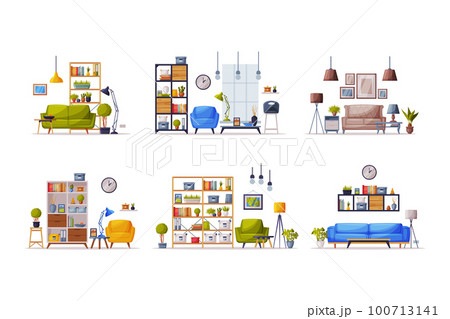 Modern Room Interior Design with Comfy Furniture and Home Decor Vector Set Modern Room Interior Design with Comfy Furniture and Home Decor Vector Set 100713141