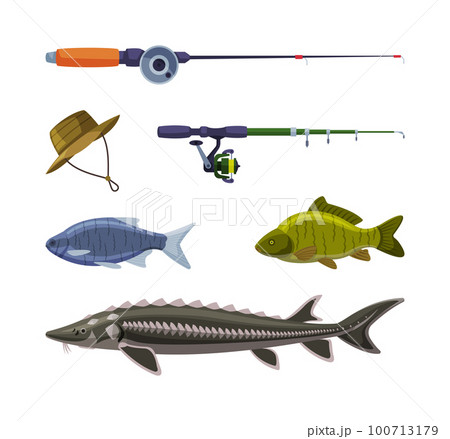Fishing with River or Freshwater Fish and Rod Vector Set 100713179