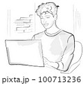 Young boy working on laptop. Happy Teenager vector storyboards 100713236