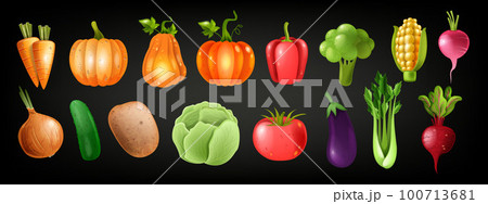 3D vegetables icon set, vector farm nature food kit, healthy cooking collection, autumn harvest. 3D vegetables icon set, vector farm nature food kit, healthy cooking collection, autumn harvest. 100713681