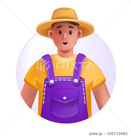 3D farmer avatar icon, vector young gardener, cartoon male character, smiling face, sun hat overalls 100713682