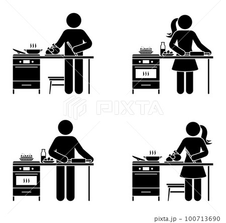 Stick figure people baking cake, cutting grilled chicken vector set. Stickman cooking at kitchen icon pictogram Stick figure people baking cake, cutting grilled chicken vector set. Stickman cooking at kitchen icon pictogram 100713690