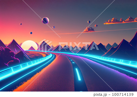 Road to the horizon concept with synthwave colors. Abstract background with surreal night way in 80s style. Generated AI. 100714139