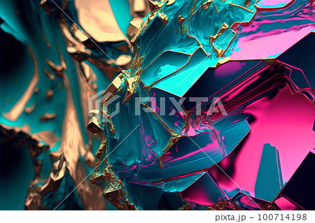 Abstract background with free 3D golden shapes, flowing and melting in surreal motion. Soft splashing abstract forms background with blue and purple crystal inclusion. Generated AI. 100714198