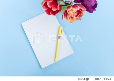 Top view of a blue table. The pen lies on a blank sheet of notebook. Tulips on the table 100714453