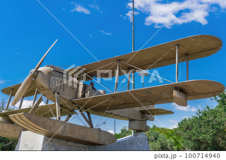 Lisbon, Portugal first aerial South Trans-Atlantic crossing flight monument by Portuguese aviators Gago Coutinho and Sacadura Cabral in 1922 with Santa Cruz biplane replica in Belem. Lisbon, Portugal first aerial South Trans-Atlantic crossing flight monument by Portuguese aviators Gago Coutinho and Sacadura Cabral in 1922 with Santa Cruz biplane replica in Belem. 100714940