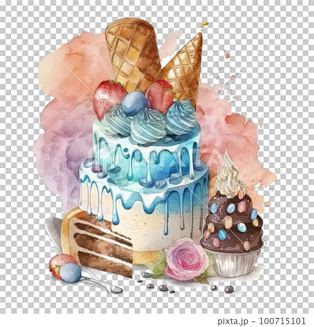 Watercolor Birthday Cake. Illustration AI Generative 100715101