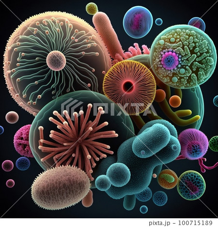 Illustration of bacteria of various types, shapes and colors under a microscope close-up on black, good biological background, unusual wallpaper 100715189