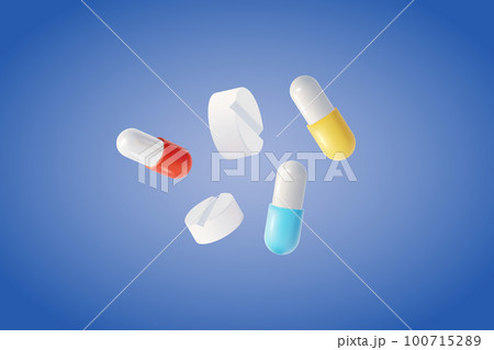 3d Health Care Concept Plasticine Cartoon Style Different Pills and Capsule on a Blue. Vector illustration 100715289