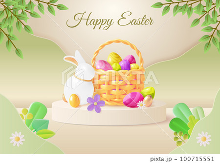3d Happy Easter Day Ads Banner Concept with Eggs Basket Poster Card Plasticine Cartoon Style . Vector illustration of Spring Holiday 100715551