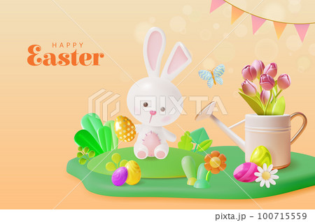 3d Happy Easter Day Ads Banner Concept Poster Card Plasticine Cartoon Style Include of Bunny with Flowers. Vector illustration of Spring Holiday 100715559