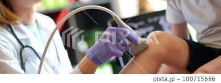 Patient child girl with orthopedic doctor medical ultrasound of knee Patient child girl with orthopedic doctor medical ultrasound of knee 100715686