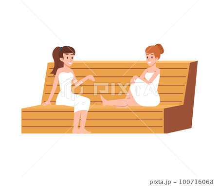 Happy women in towels sitting on sauna wooden bench flat style 100716068