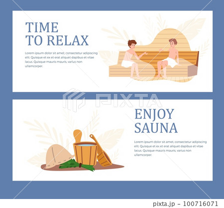 Sauna wellness and spa banners or flyers collection flat vector illustration. Sauna wellness and spa banners or flyers collection flat vector illustration. 100716071