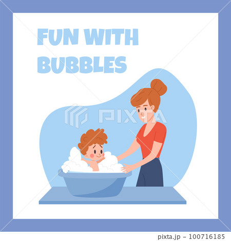 Squared banner with mom washes baby in basin flat style 100716185