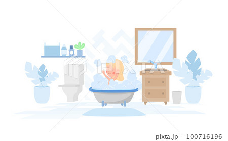 Bathroom interior with baby girl washing in bath, flat vector isolated. 100716196