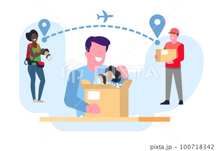 Young guy looks at purchase that came in cardboard box from distant vendor. Parcel shipping by airplane. Camera delivery. Global cargo logistic. International trade. Vector concept 100718342