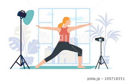 Woman practices yoga and teaches to do fitness exercises. Female records workout video for online classes. Camera and spotlight. Girl standing in asana. Healthy lifestyle. Vector concept 100718351