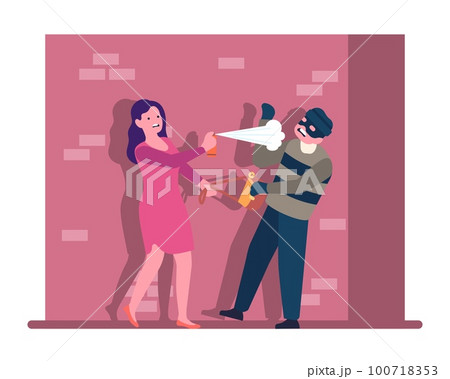Woman defends herself from mugger with pepper spray. Self protection attack. Burglar stealing female handbag. Safety from robbers. Victim of bag snatcher. Gangster crime. Vector concept 100718353