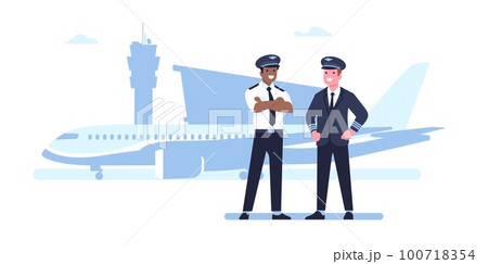 Two pilots in front of passenger plane. Airport staff. Airplane captain. Transportation by air. Standing men in uniform. Aviators occupation. Commercial aircraft flight. Vector concept 100718354