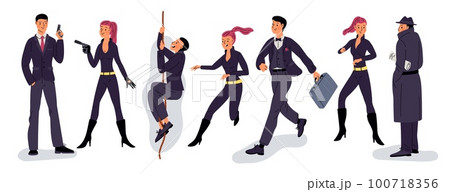 Spy secret agents. Superheroes people. Man and woman investigators. Cartoon characters with pistols. Ropes and armored briefcase. Hidden surveillance. Garish vector hero detectives set 100718356