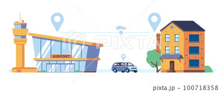 Shuttle from airport to hotel. Airplane arrival terminal and hostel building. Transport driving route. Location pins. Transportation of passengers and luggage to motel. Vector concept 100718358