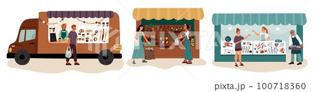 Shop booths with people. Products market stalls. Bread and pastries. Local marketplace. Seafood van kiosk. Vegetables or fruits retail. Street store. Sellers and buyers. Garish vector set 100718360