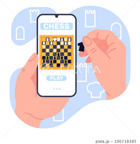 Online chess game or tournament on your smartphone. Players hands holding phone. Web competition. Chessboard with rook and pawn pieces. Competitive strategy challenge. Vector concept 100718385
