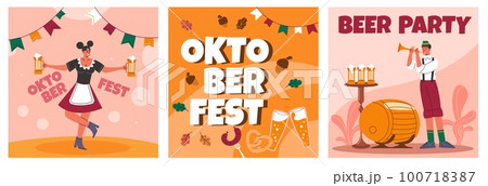 Oktoberfest cards. Bavarian big festival. German traditional autumnal holiday. Annual beer celebration. Drinks and snacks. Party invitation. People in national costumes. Recent vector set Oktoberfest cards. Bavarian big festival. German traditional autumnal holiday. Annual beer celebration. Drinks and snacks. Party invitation. People in national costumes. Recent vector set 100718387