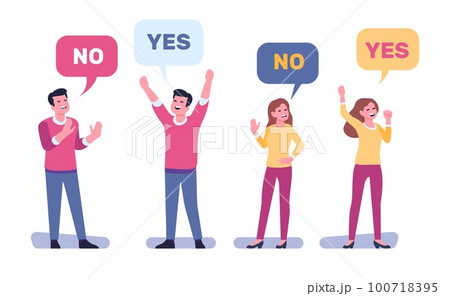 Man and woman express different opinions. People with speech bubbles. Agreement or disagreement. Communication problems. Persons say yes or no answers. Vector opposite decisions set 100718395