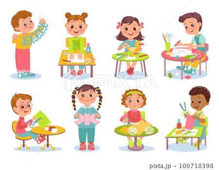 Kids paper craft. Children make decorations. Boys and girls glue applications of colored pages. Origami and garlands. Cut and paste sheets. Students sitting at tables. Splendid vector set 100718398