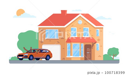 House facade. Cottage with garage. Mansion and car. Real estate. Residential building. Vehicle in front of home. City landscape. Village residence. Urban architecture. Vector concept 100718399
