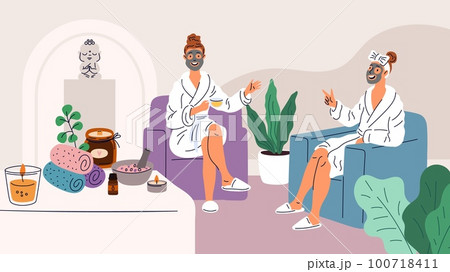 Girlfriends relax in spa. Women take skin care. People make cosmetic mask. Friends drinking herbal tea and having friendly conversation. Girls resting in armchairs. Garish vector concept Girlfriends relax in spa. Women take skin care. People make cosmetic mask. Friends drinking herbal tea and having friendly conversation. Girls resting in armchairs. Garish vector concept 100718411