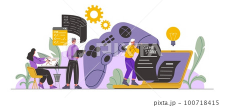 Game developers. Designers and screenwriters. Programmers working on digital product. Professionals create gaming characters and play script. People coding PC software. Vector concept Game developers. Designers and screenwriters. Programmers working on digital product. Professionals create gaming characters and play script. People coding PC software. Vector concept 100718415