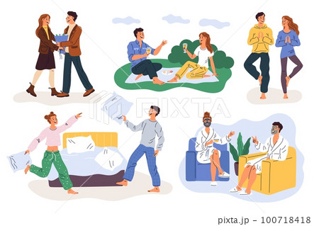 Cute couple spend time together. Friends activities. Guys and girls fight with pillows at pajama party. People drink wine at picnic. Home spa. Persons practice yoga. Garish vector set Cute couple spend time together. Friends activities. Guys and girls fight with pillows at pajama party. People drink wine at picnic. Home spa. Persons practice yoga. Garish vector set 100718418