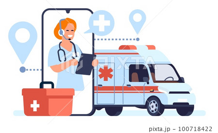 Calling ambulance using cell phone and hospital operator. Smartphone screen. Mobile communication with emergency paramedics. Clinic rescue vehicle. Contact with doctor. Vector concept 100718422
