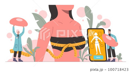 Breast plastic surgery. Augmentation or lifting. Female body part improvement. Silicone implants installation. Aesthetic medicine. Smartphone woman operation planning. Vector concept 100718423