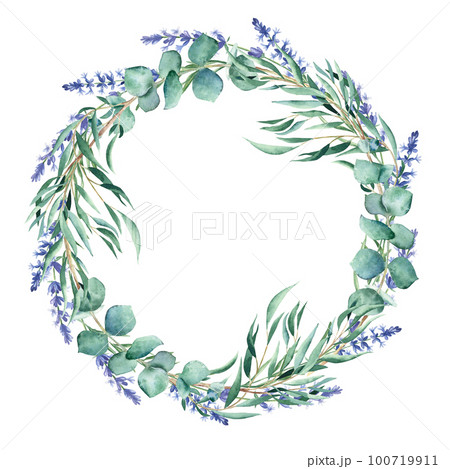 Watercolor eucalyptus and lavender branches wreath, round frame isolated on white background. Hand drawn botanical illustration. For wedding invitations, save the date, greeting card, logos, prints. 100719911