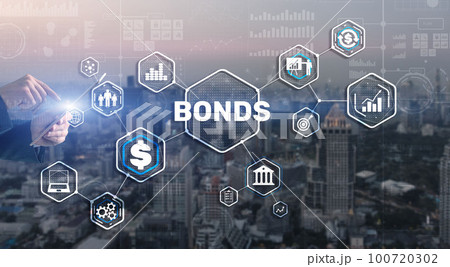 Businessman clicks a bonds virtual screen. Bond Finance Banking Technology concept. Trade Market Network 100720302