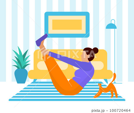 A woman does yoga with a cat in a home interior. Flat illustration in cartoon style, vector 100720464