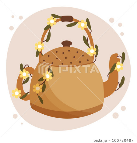 Cute teapot decorated with small flowers. Drink illustration, vector 100720487