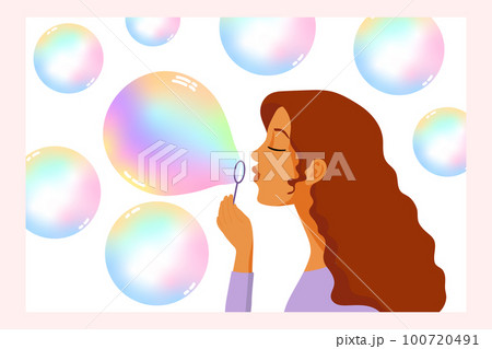 Cute girl inflates colorful soap bubbles. Illustration, vector Cute girl inflates colorful soap bubbles. Illustration, vector 100720491