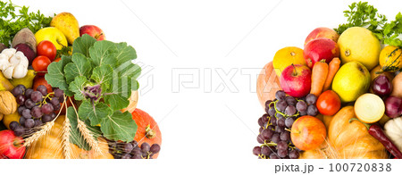 Vegetables and fruits isolated on white . Free space for text. Collage. Wide photo. Vegetables and fruits isolated on white . Free space for text. Collage. Wide photo. 100720838