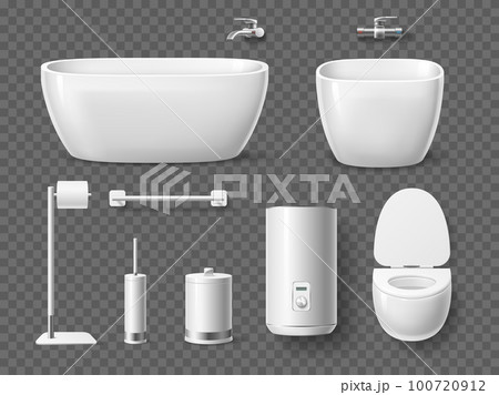 Realistic bathroom and toilet elements. Shower and toilet objects, sink and bidet, bath and boiler, white hygienic ceramics, wc interior. Lavatory ceramic. 3d isolated objects, utter vector set 100720912