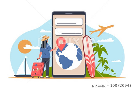 People use smartphone functions. Cartoon girl traveler looking for apartments anywhere in world, mobile travel app, huge phone online booking, cartoon illustration, nowaday vector concept People use smartphone functions. Cartoon girl traveler looking for apartments anywhere in world, mobile travel app, huge phone online booking, cartoon illustration, nowaday vector concept 100720943