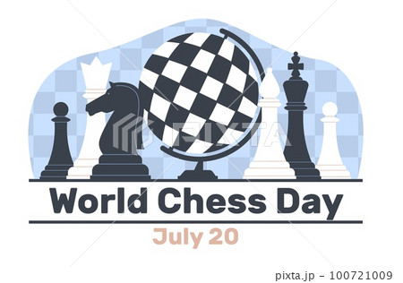 International Day of Chess, chess pieces and globe in form of chessboard. Professional international championship or tournament poster, king queen and pawn, vector cartoon flat concept International Day of Chess, chess pieces and globe in form of chessboard. Professional international championship or tournament poster, king queen and pawn, vector cartoon flat concept 100721009