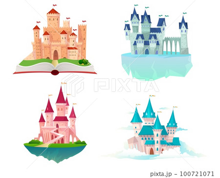 Fantastic castles, fairy tale palaces with towers with flags on books or sky clouds. Cute magic princess medieval buildings for girls nursery decor. Vector cartoon flat isolated set 100721071