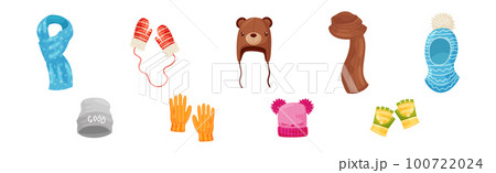 Warm Knitted Winter Clothes Accessory with Scarf, Hat and Gloves Vector Set Warm Knitted Winter Clothes Accessory with Scarf, Hat and Gloves Vector Set 100722024