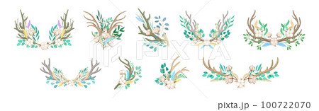 Deer Antlers Arranged with Tender Cotton Flowers and Green Twigs Vector Set Deer Antlers Arranged with Tender Cotton Flowers and Green Twigs Vector Set 100722070